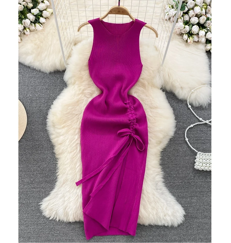 

Hot Sale Sexy Vest Dress Summer Fashion Round Neck Backless Dress Lady Sleeveless Slit Knitted Sheath Dress