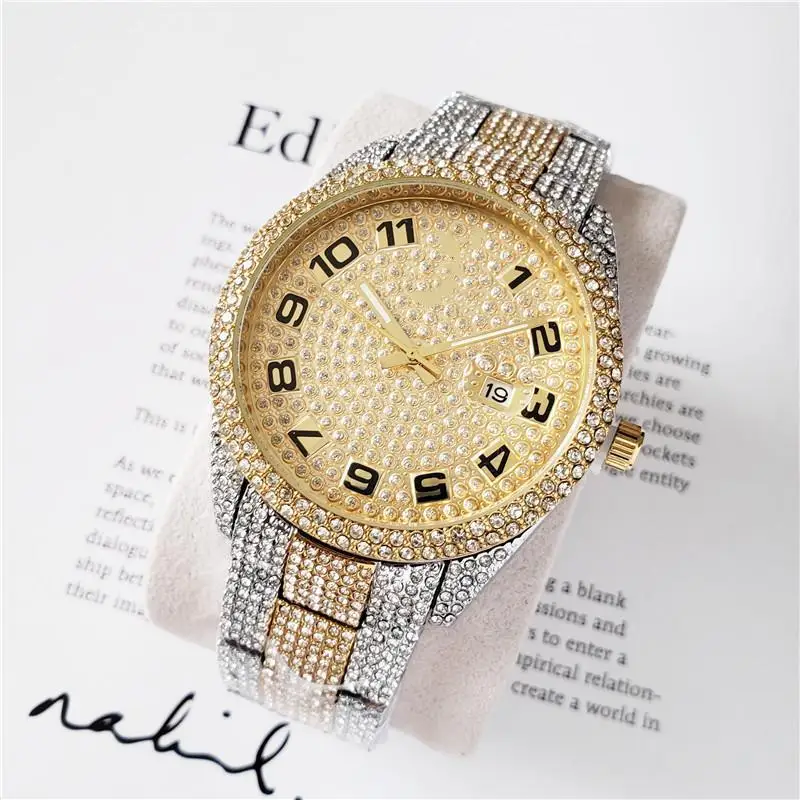 

Hip Hop Iced Out Black Silver Gold Round Dial Analog Clock Classic Quartz Watch, Silver,gold,rose gold