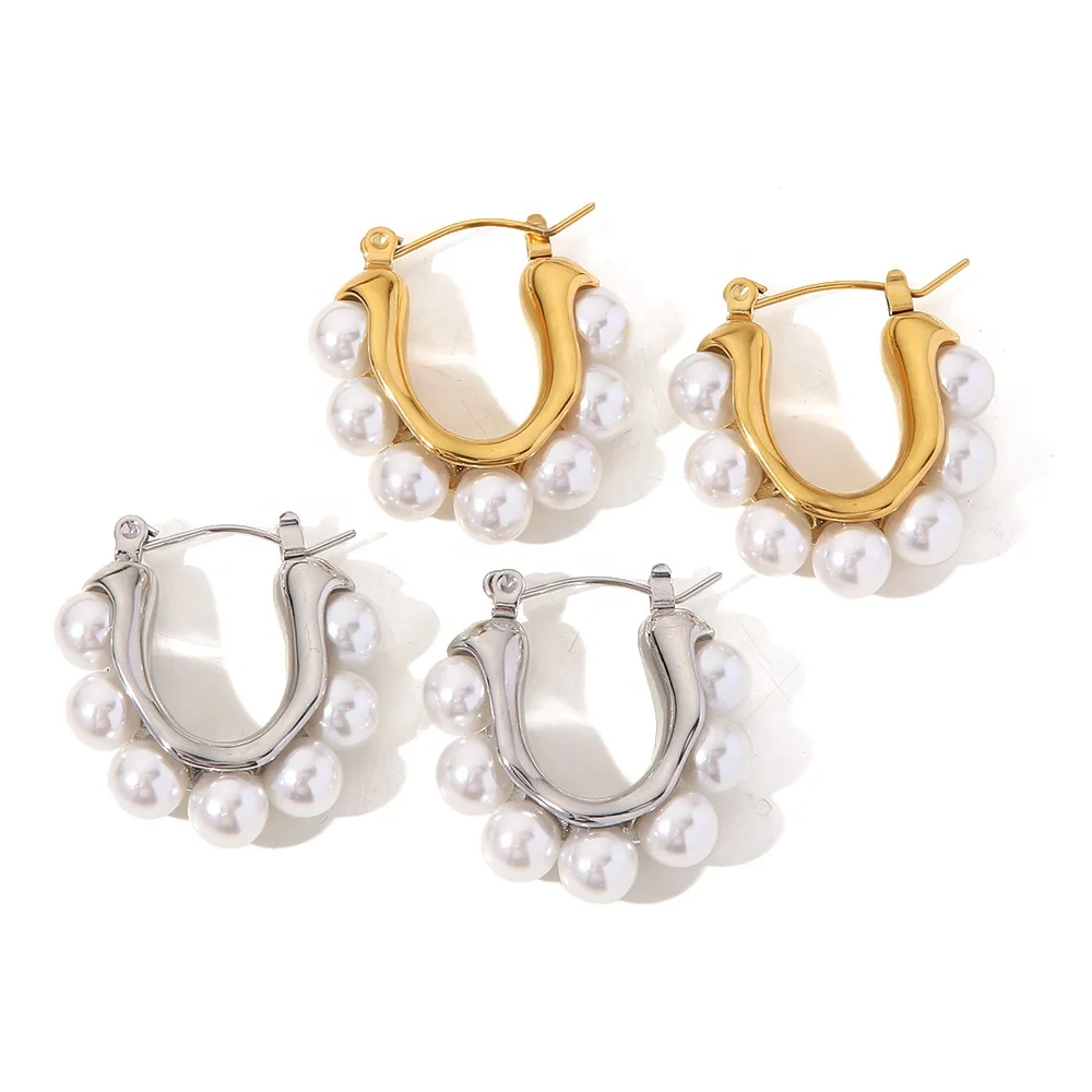 18k Gold Plated Silver Plated Stainless Steel White Pearl U Shape Large Hoop Earrings Jewelry