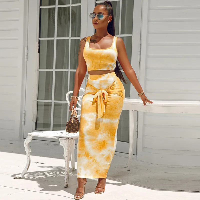 

Tie-dye U-Neck Sleeveless Tank Top High Waist Package Hip Skirt Two Piece Set Women Clothing Skirt, Customized color