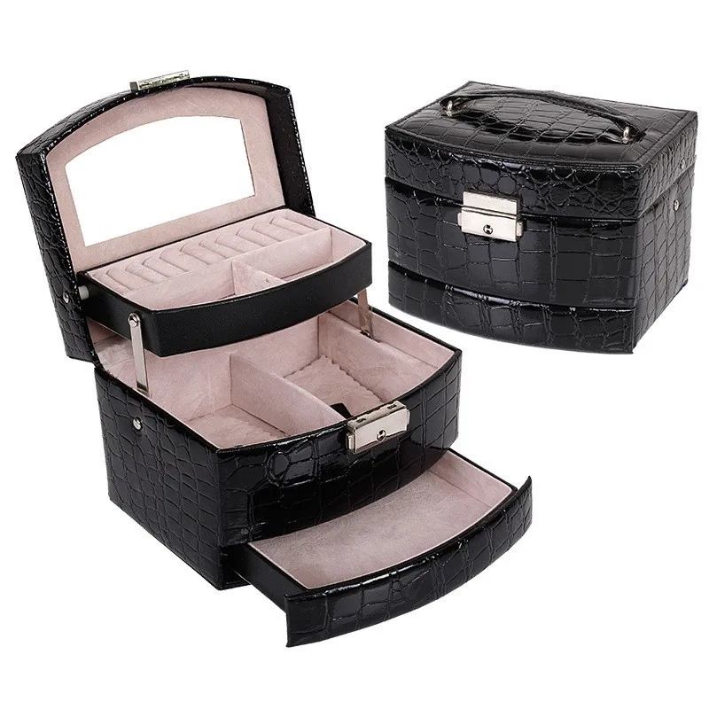 

Crocodile automatic jewelry box three-layer leather jewelry box for European and American jewelry boxes