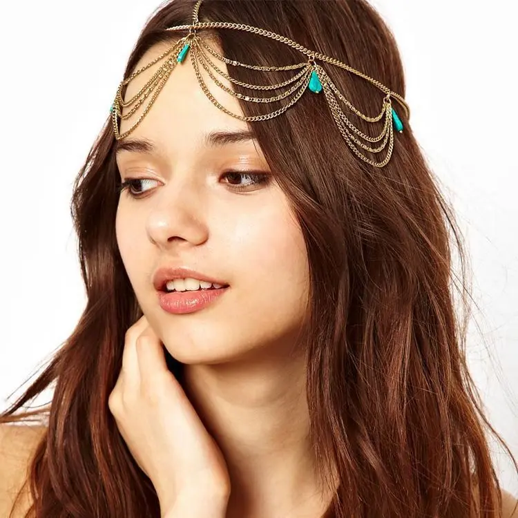 

Fashionable Bohemian Headwear Subethnic Feng Shui Drop Turquoise Multi layer Chain Tassel hair Chains