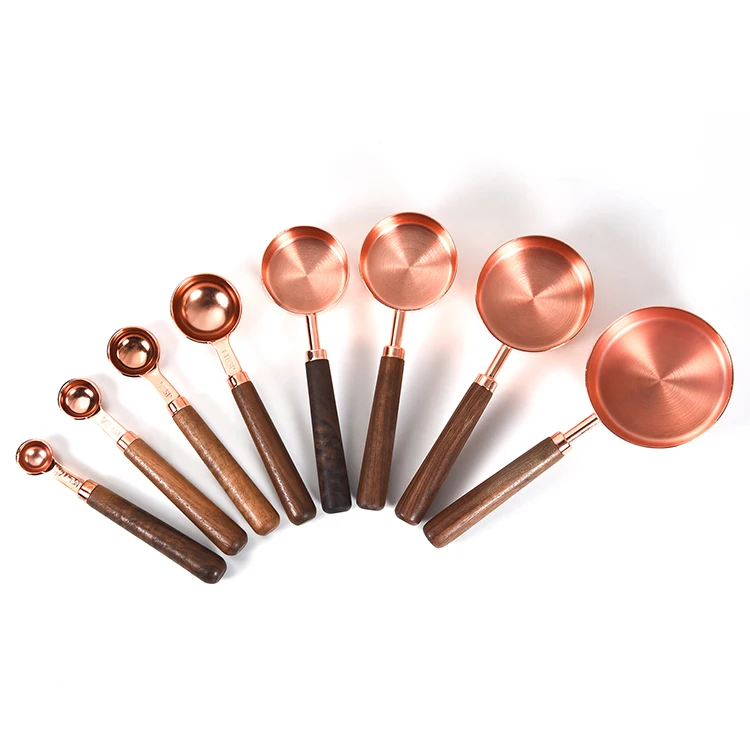 

Baking Tools Black Walnut Wooden Handle Rose Gold Measuring Cups And Spoons Set Stainless Steel Measuring Cup Set of 8