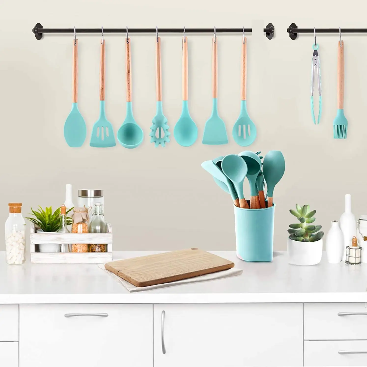 

Factory wholesale 12PCS kitchen cooking silicone utensil set with Storage bucket, Sky blue pink gray or custom