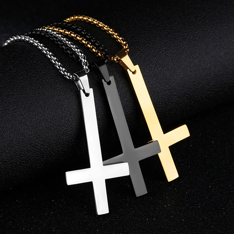 

Stainless Steel Inverted Cross Necklace For Men Women Gold Silver Black Glossy Pendant Long Chain Hip Hop Punk Necklace Jewelry