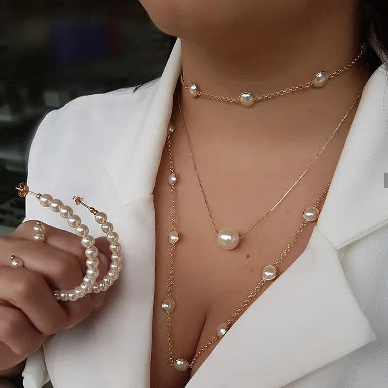 

High Quality Simple Design Multi Shell Bead Pendant gold Chain Pearl Necklace and earrings sets