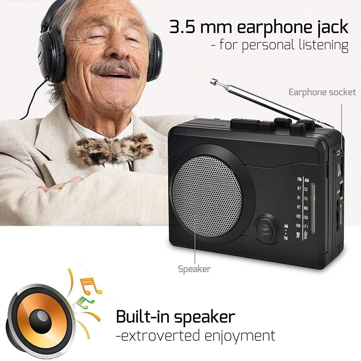 
Cassette Player Personal Audio Recorder Built-in Speaker, Radio Recording Cassette Tape to Digital MP3 Converter FM/AM function 