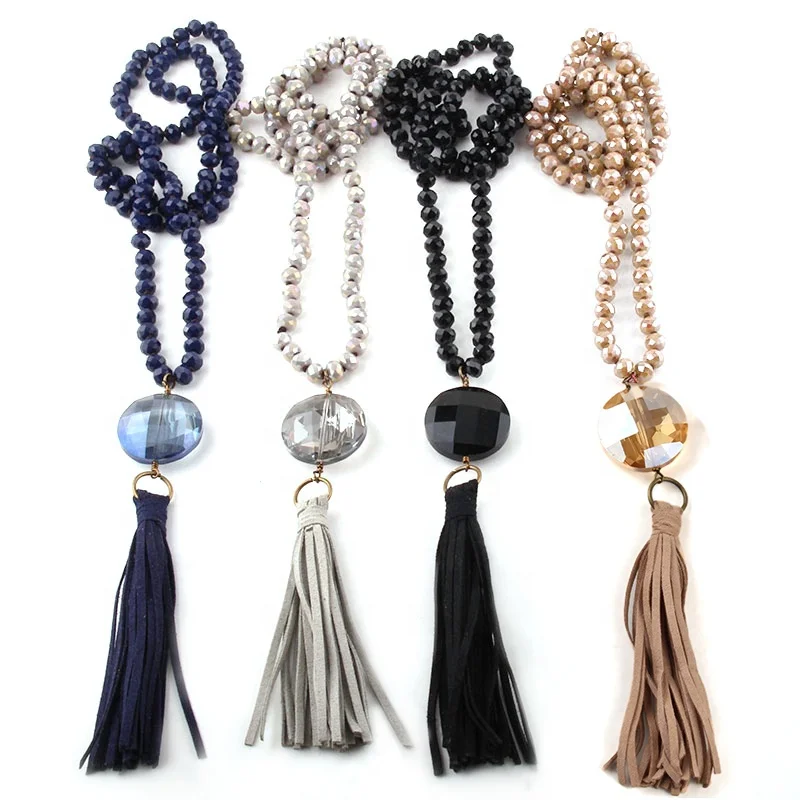 

Women Long Ethnic Necklace Grey Crystal Glass Beads Necklace Round Crystal Leather Tassel Necklace