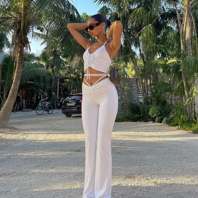 

IDS 2021 two-piece women's suits tight casual pants women lace-up halter neck girls clothing sets, 5 colors