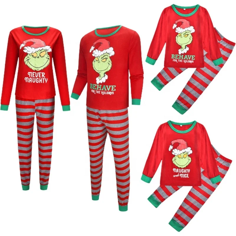 

wholesale family christmas pajamas matching family printed top and striped pants Children Christmas Pajamas