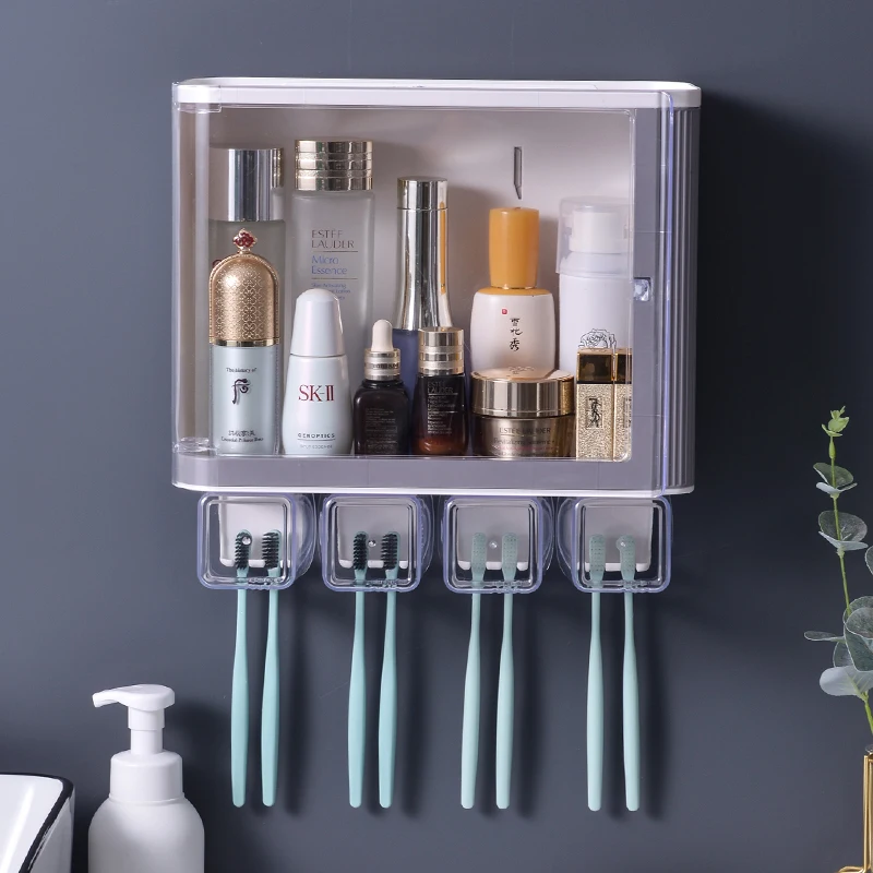 

Home organization Unique Bathroom Plastic Wall Mount Cup Rack Toothbrush Holder, White,gray