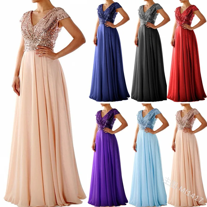 

sequined chiffon stitching summer new dress Deep V-neck evening dress, Picture