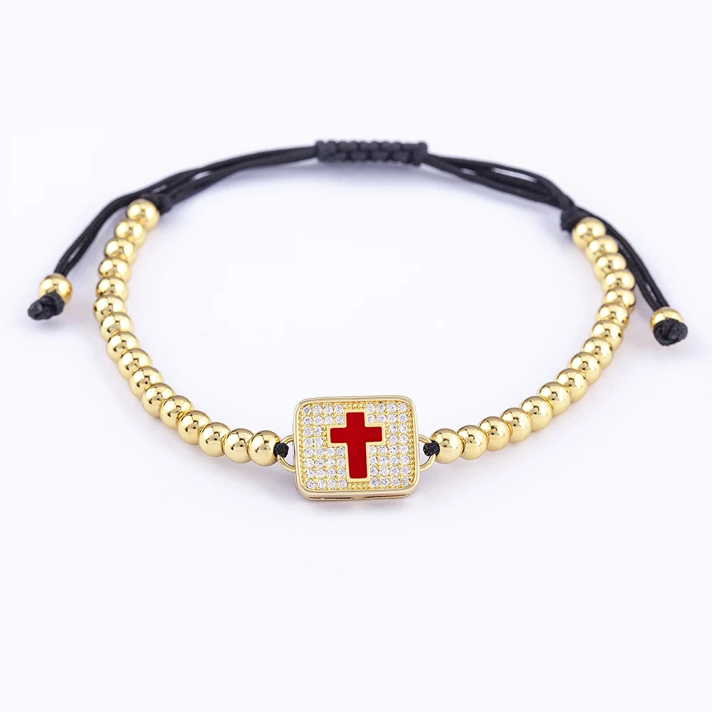 

Crystal Rectangle Colorful Jesus Cross Bead Bracelet Handmade Adjustable Braided Bracelets for Women Party Wedding Jewelry Gifts, Black/white/red/rose red/light blue