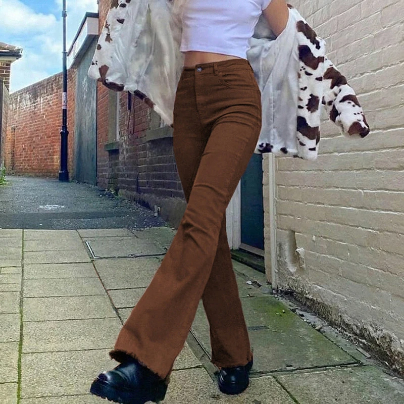 

Vintage Basic Brown Denim Jeans Women Streetwear Harajuku Stretch Flare Pants Joggers Cotton Trousers Fashion, As pictures