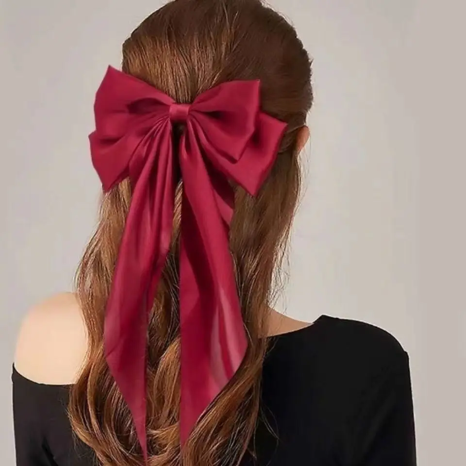 

Fashion hair accessories women ribbon bow knot pure red color satin hair bows with metal hair clip