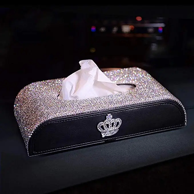 

Auto Glitter Tissue Cup Holder Home And Office Bling Rhinestone Luxury Crystal Crown & Diamond Car Facial Tissue Box, Black leather,ctystal