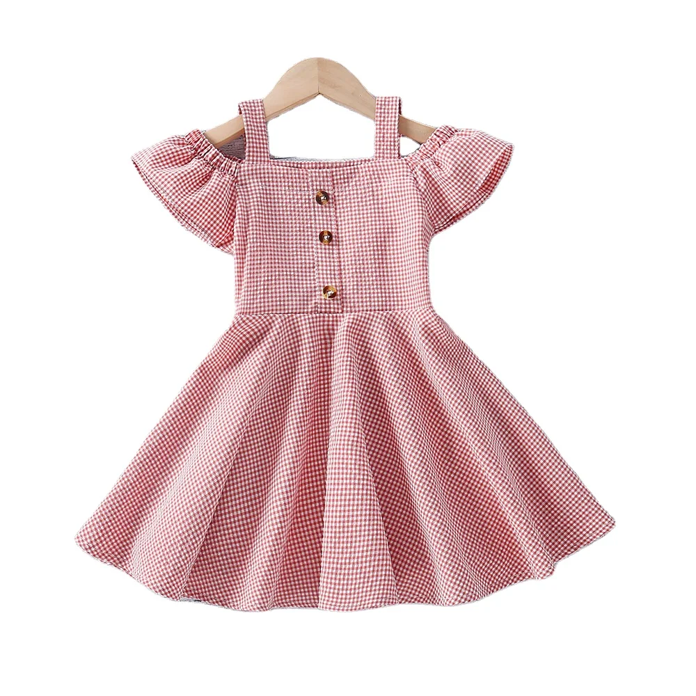 

2021 Summer Cute and Sweet Plaid Off-shoulder Short-sleeved Grils Dress Children Girls, Picture show