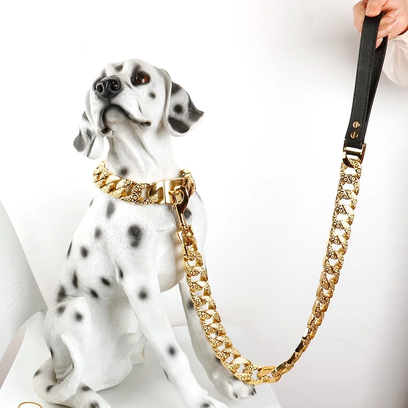 

Gold Chain pet star Dog Collar hardware Heavy Duty Stainless Steel pet Cuban Link 32mm width dog collar and leash