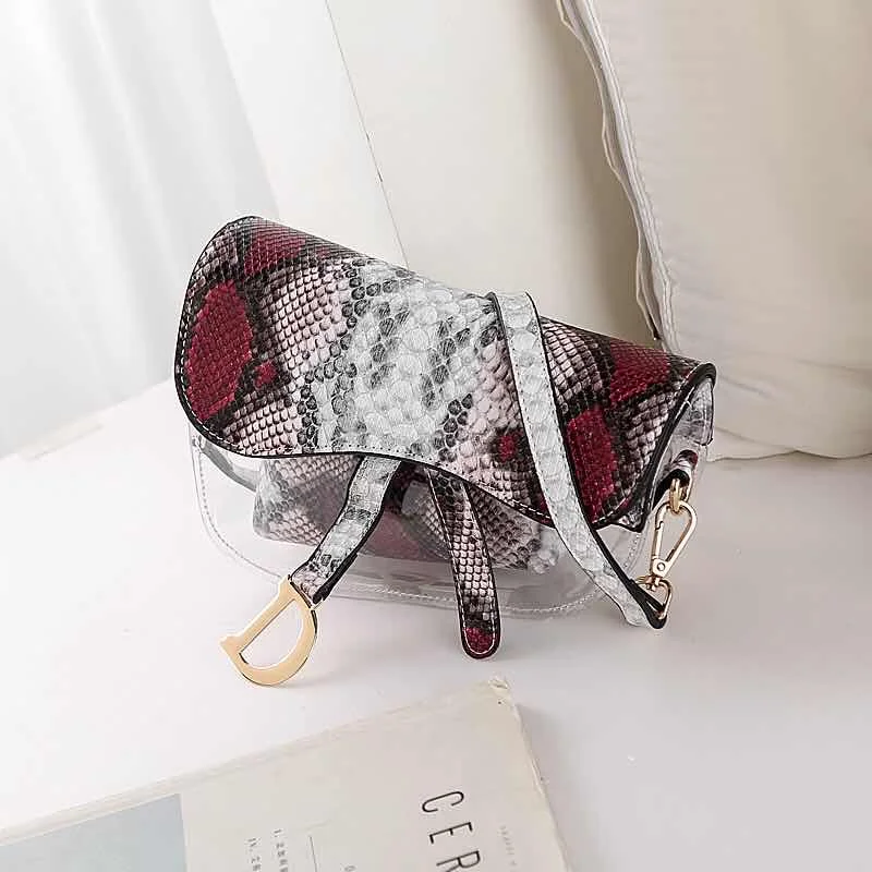 

2020 Personality design women shoulder lady small snakeskin clear bag pu transparent bag, Yellow, black, pink, red, khaki, blue