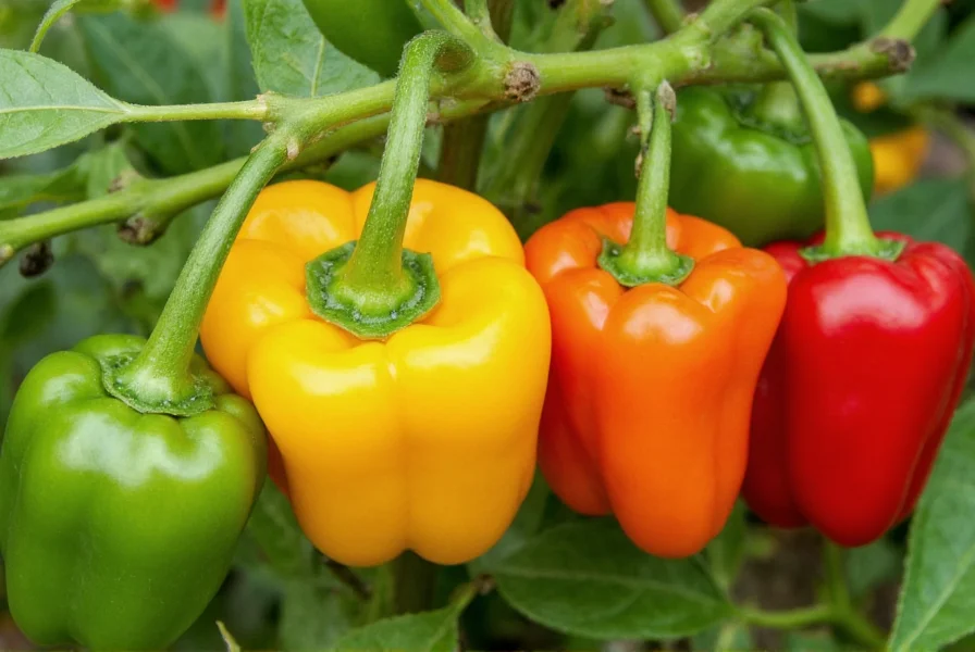 Close-up comparison of green, yellow, orange, and red bell peppers showing color progression on plant