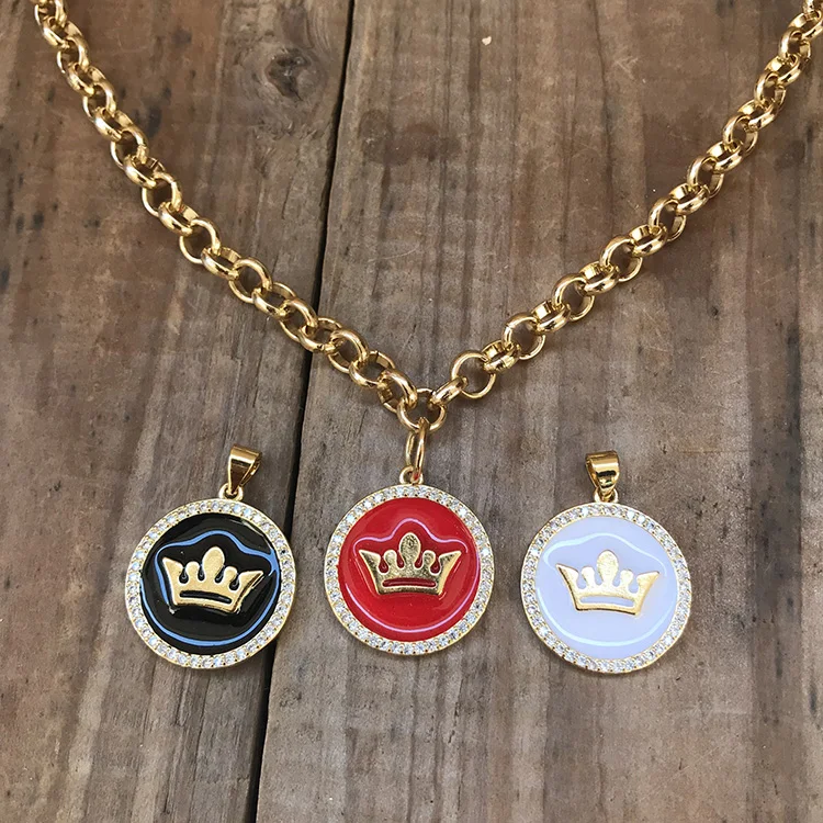 

NZ1047 New Popular Enamel CZ Micro Pave Crown Disc Pendant Chunky Gold Circle O Chain Necklace