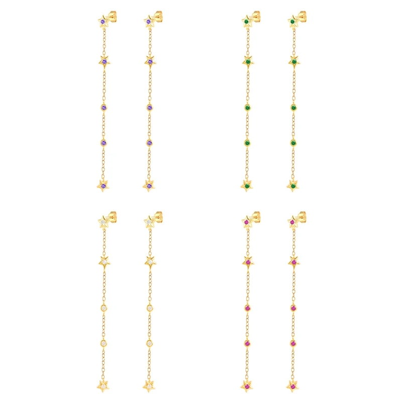

Fashion 18K gold 925 sterling silver zircon long tassel star polka dot drop earring