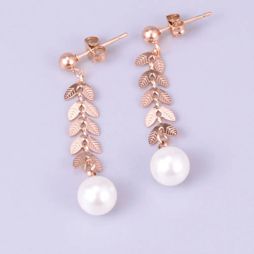 

Elegant Female Long Tree Branch Leaves Pearl Drop Dangle Earring Rose Gold Plated Stainless Steel Olive Leaf Pearl Earrings