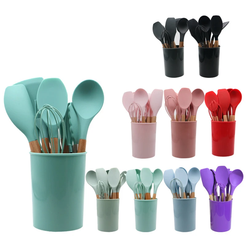 

12PCS SETS Kitchen Cooking Tools Non Stick Cookware Natural Wooden Handles Silicone Cooking Utensil, Customized