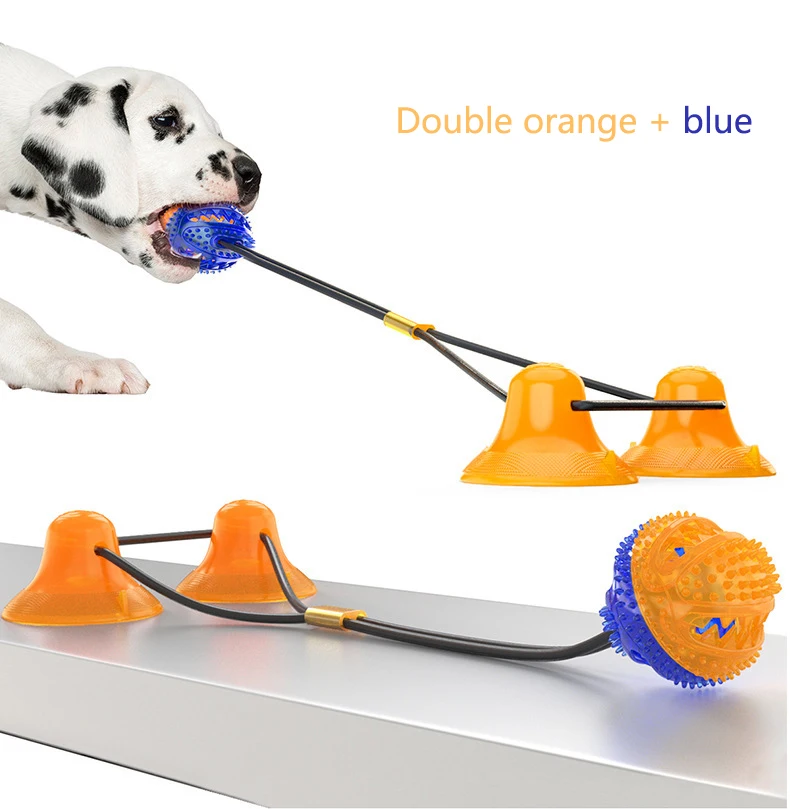 

Multifunction Two suction Cup Teeth Cleaning Rubber chew Ball Toy Pet Dog toy, Orange blue purple