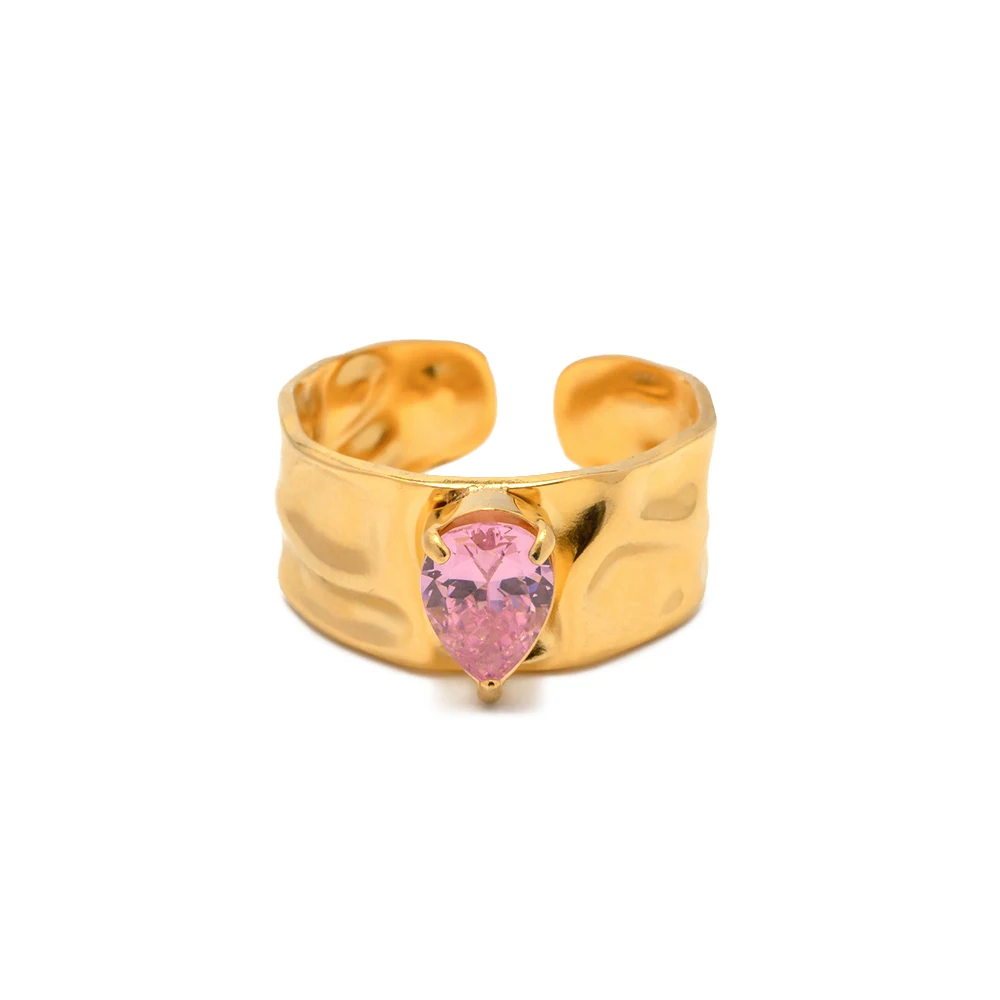 

Charm Stainless Steel 18K Gold Plated Opening Ring Water Drop Pink Cubic Zirconia Wide Texture Rings