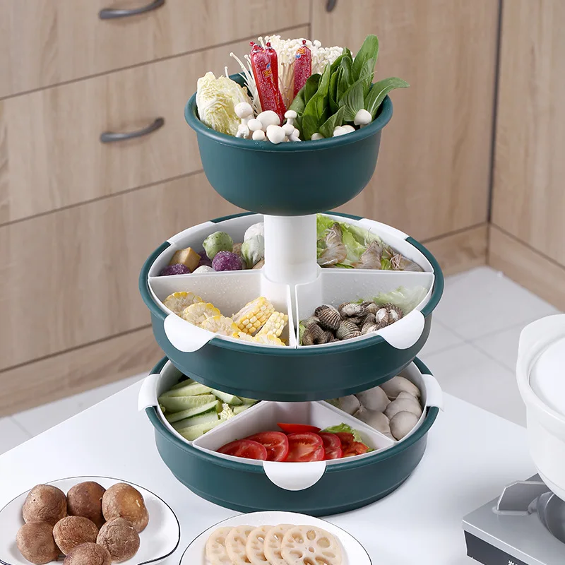 

Hot Pot Turntable 3-layer Vegetable Fruit Drainer Organizer Fruit plate revolving household double-layer drain basket, Natural color