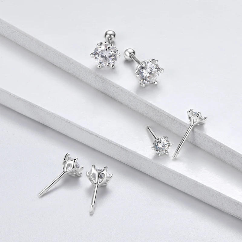0.2ct-2ct Moissanite D Color 925 Sterling Silver 6 Prong Ball Screw Stud Earrings for Women Wedding Fine Jewelry