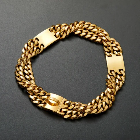 

12mm 18k Double Rows Golden Encryption ID Card Dog Chain Collar Drag Simple Buckle