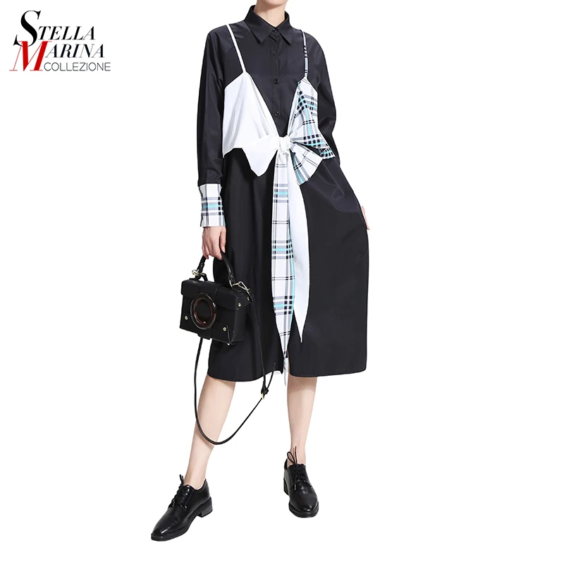 

New 2019 Women Autumn Unique Fashion Black Shirt Dress With Long Tape Knee Length Ladies Stylish Dresses Loose Robe Femme, White/black