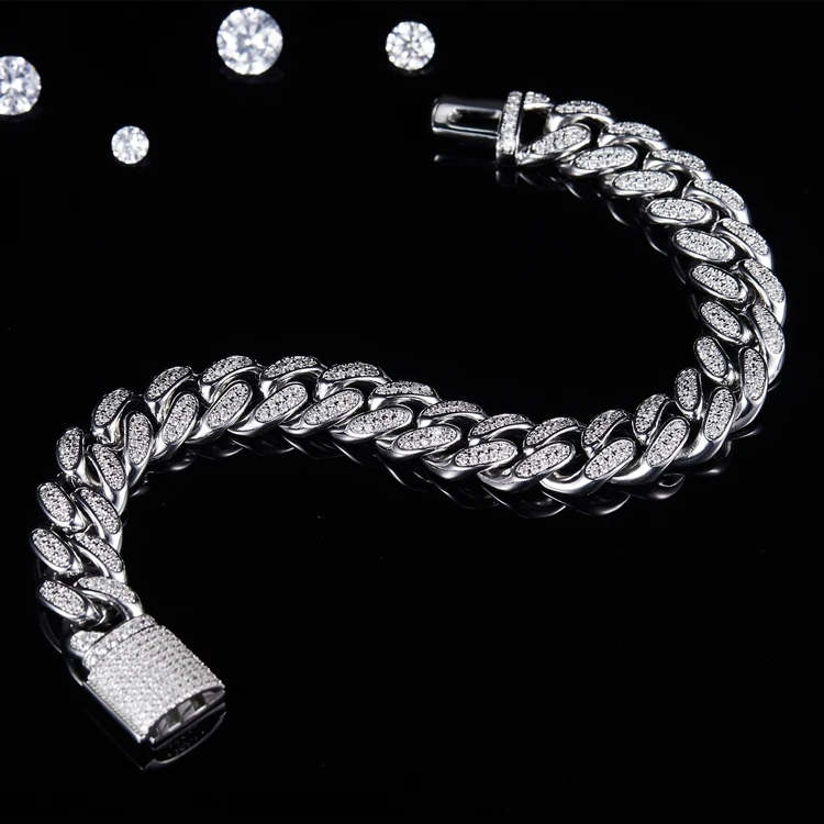 

12mm mens link hiphop rapper iced fine jewelry 925 sterling silver diamond moissanite cuban chain necklace