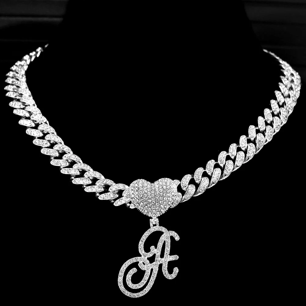 

Iced Out Bling 13MM Hip Hop Jewelry For Women Men Cuban Link Chain Cursive Initial Letters Heart Pendant Necklace, Gold silver plated
