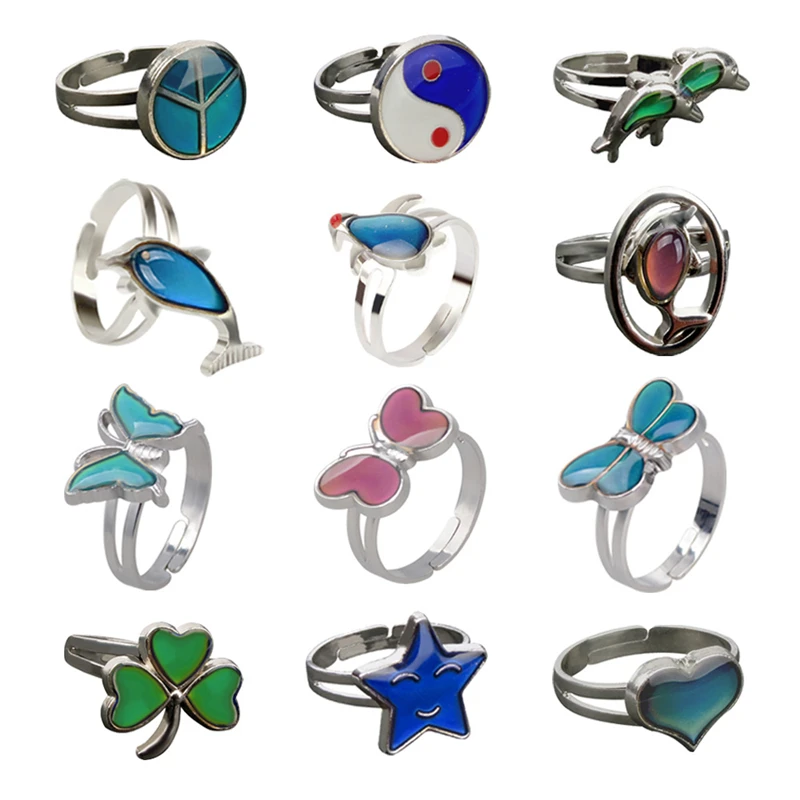 

Temperature sensing mood rings Changing Color Guitar Butterfly heart openings ring for women, As show