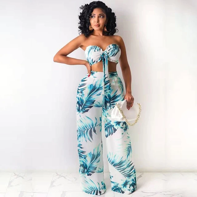 

Strapless Copped Top With Wide-Leg Pants Contrast Color Printing Pleated Lace-Up Twist With Boot Cut Outfit, Black,white