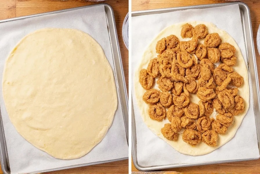 Step-by-step preparation of pie crust cinnamon rolls showing rolled out pie crust with cinnamon sugar mixture