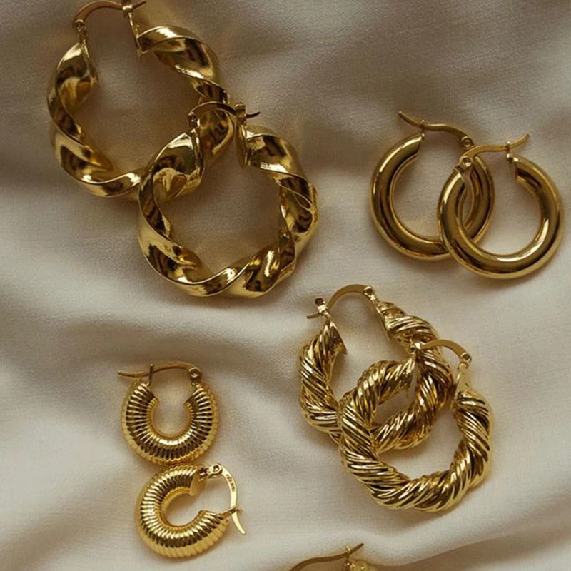 

[15%] 2022 New Vintage Style 18k Gold Plated Screw Twisted Earring Stainless Steel Smooth Chunky Hoop Earrings For Women