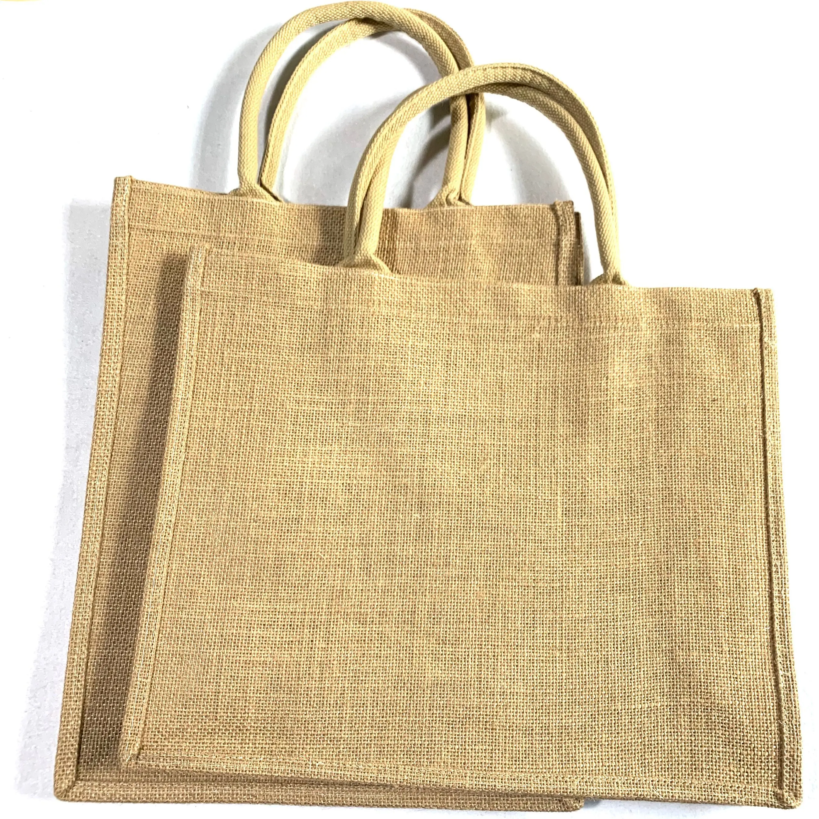 

Eco Reusable promotional Carrying Bags Women Beach Hand Tote laminated Handled Shopping Jute Bag Size, Natrual jute colour, any custom logo accepted