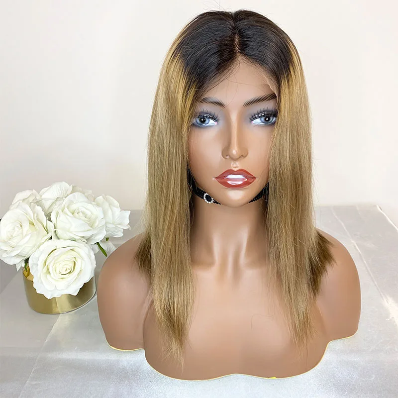 

Ombre Bob Wigs With Baby Hair For Women 12 Inch #1Bt#27 Human Hair Cut Blunt Lace Front Wig Natural Esth Hair Wig