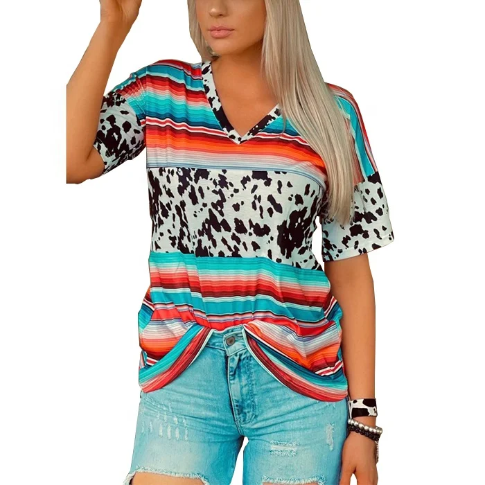 

Free Shipping New Arrival Western Style Vintage V-neck Short Sleeve Color Block T-shirt Women Serape Cow Print Tops