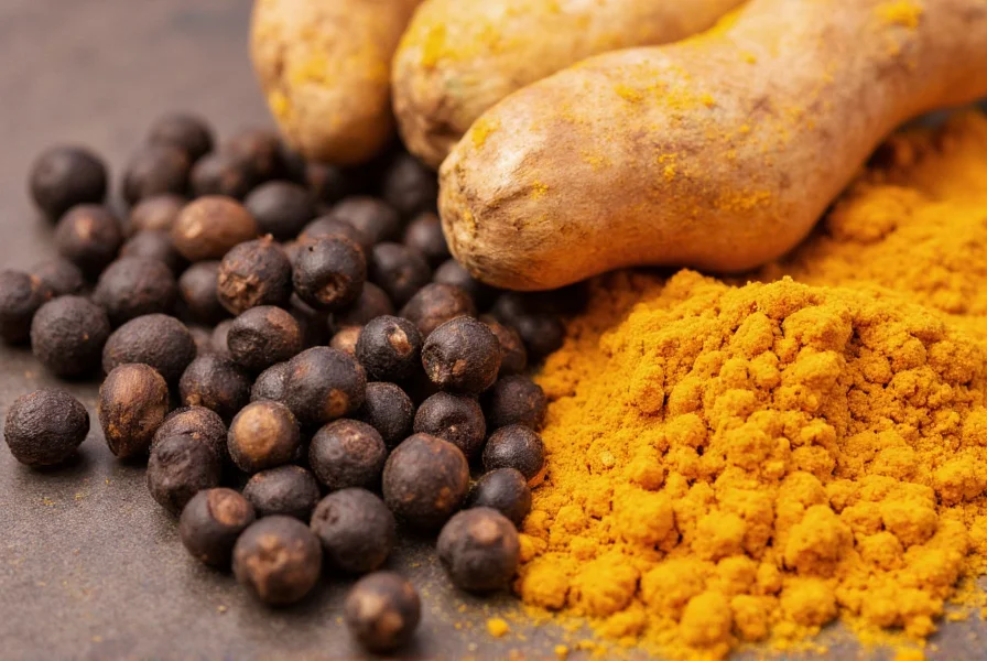 Close-up view of black peppercorns next to turmeric root showing the synergistic relationship between these spices for enhanced nutrient absorption