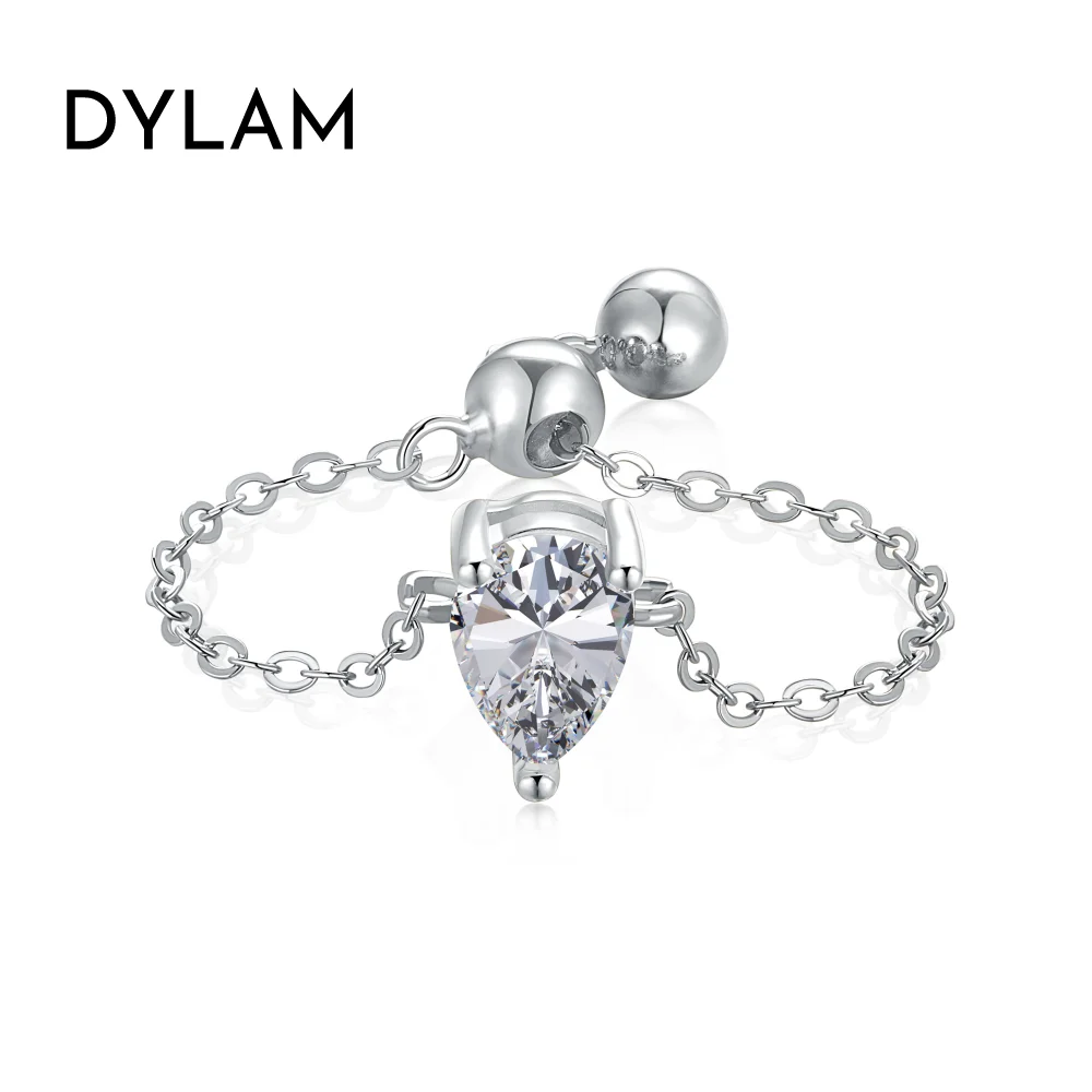 Dylam Personalized New Design Fine Fashion Adjustable Open Link Chain Rings with S925 Silver Drop Shape 5A Cubic Zirconia