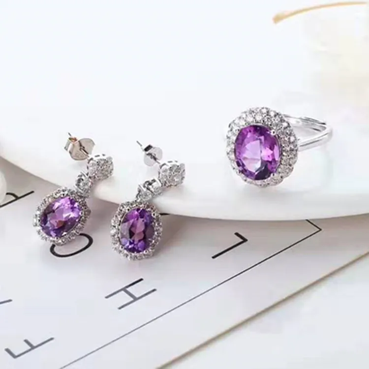 

fashion bridal wedding gemstone jewelry 925 sterling silver natural purple amethyst pendant earring adjustable ring set