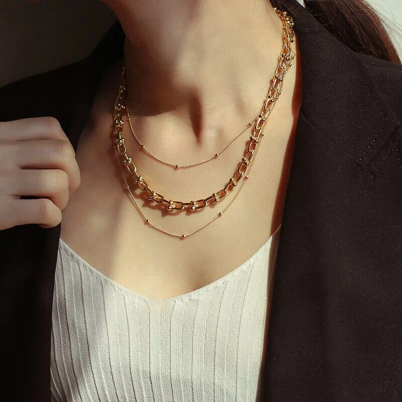 

18k Gold Plated Stainless Steel Chain Link Necklace Choker Women Chunky U Shape Chain Necklace Everyday Jewelry