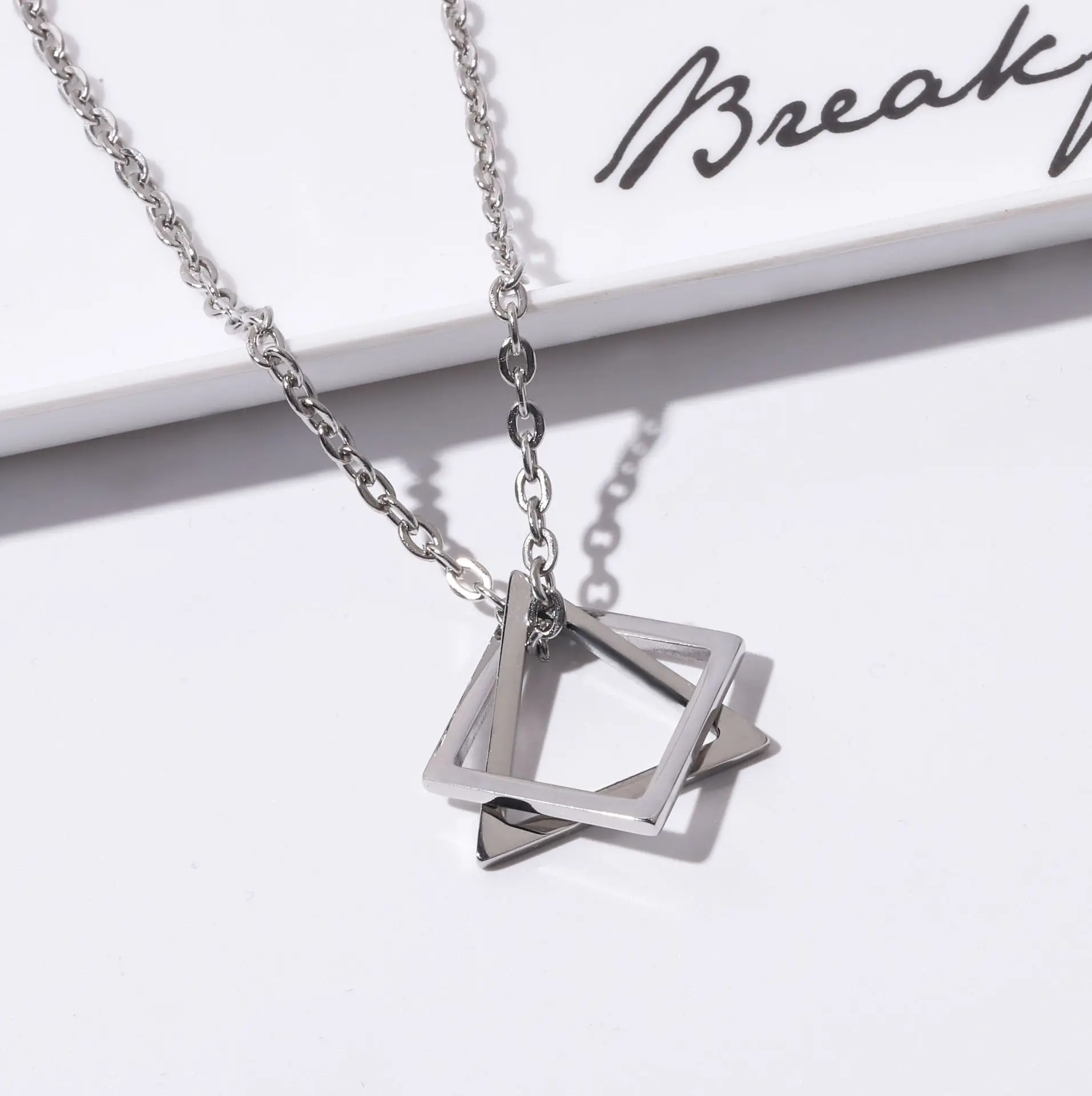 

Solid Stainless Steel Triangle And Square Extension Pendant Necklace Charm Chain Secure Lobster Lock Clasp Necklace For Men, As the picture shows