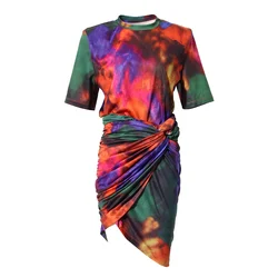 European American 2 Piece Skirts Sets Pinting Tie Dye Colorful Short-Sleeved T-shirt Pleated Two-piece Skirt Set Women