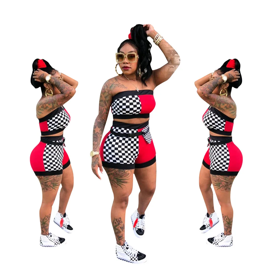 

Sexy Women's Patchwork Strapless Shorts Two Piece Set with Belt, As pictures